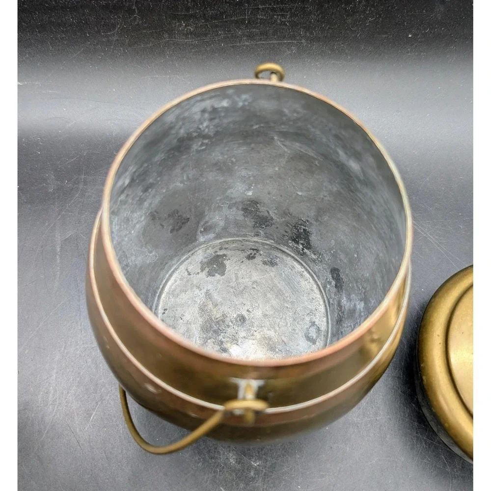 Vintage Brass and Copper Barrel Canister with Bail Handle and Lid Mixed Metal 8